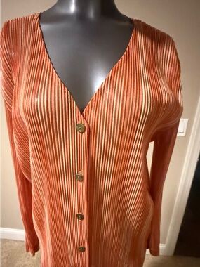 Pleated V-Neck Button-Front Top in Warm Orange